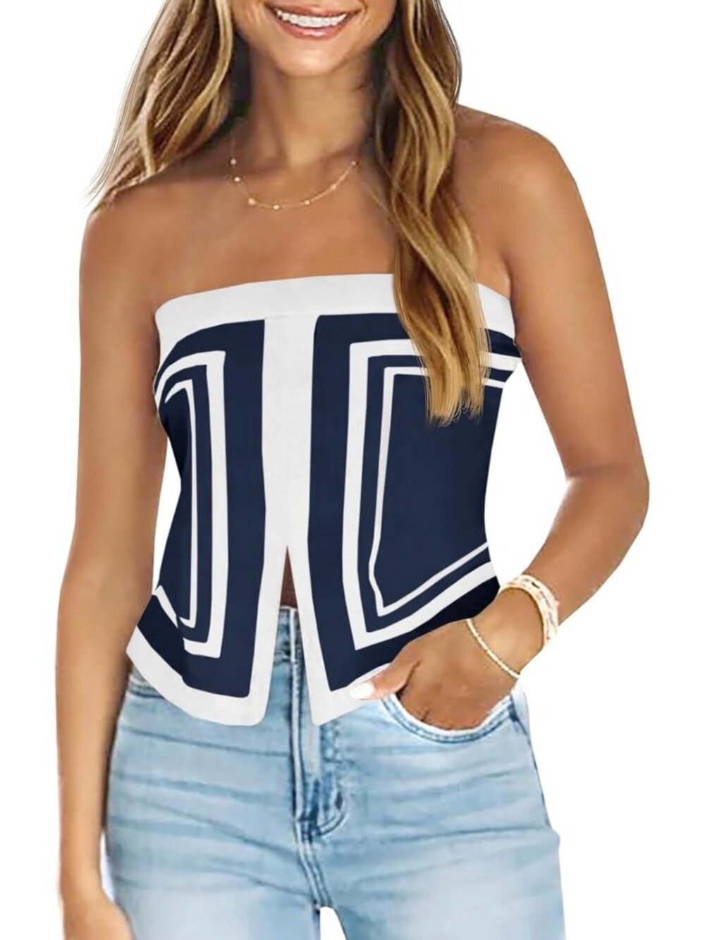 New Strapless Navy Blue Asymmetrical Knit Bandeau Crop Top Summer M
